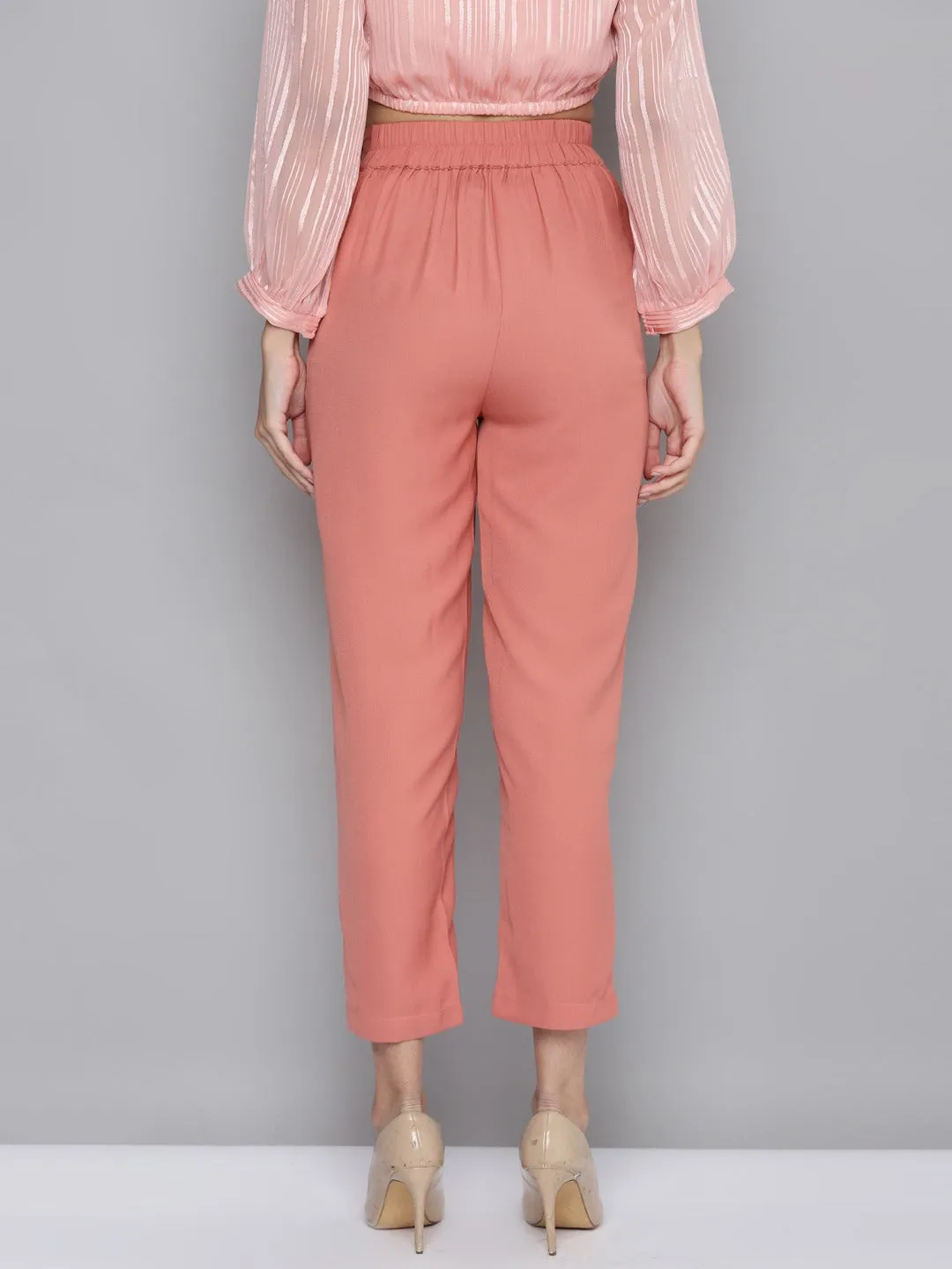 Women Pink Belted Tapered Pants