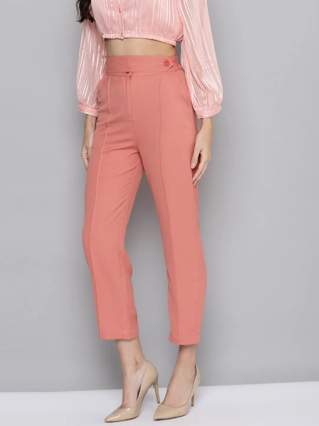 Women Pink Belted Tapered Pants