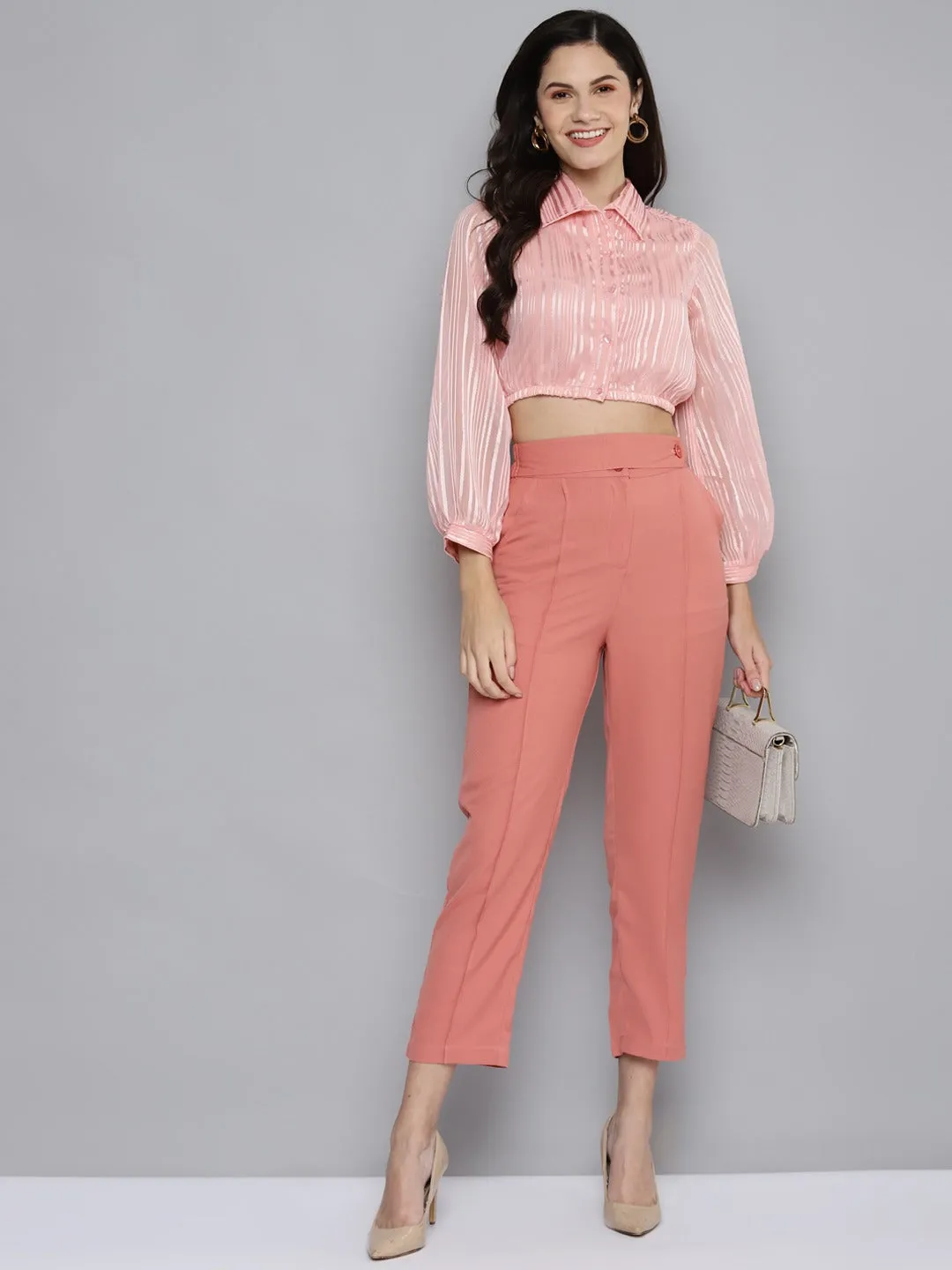 Women Pink Belted Tapered Pants