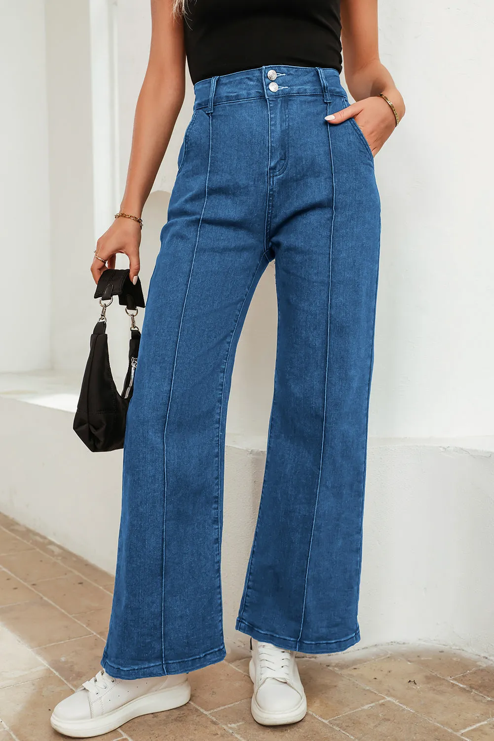 Womens Wide Leg Jeans Casual Baggy High Waisted Stretch Denim Pants